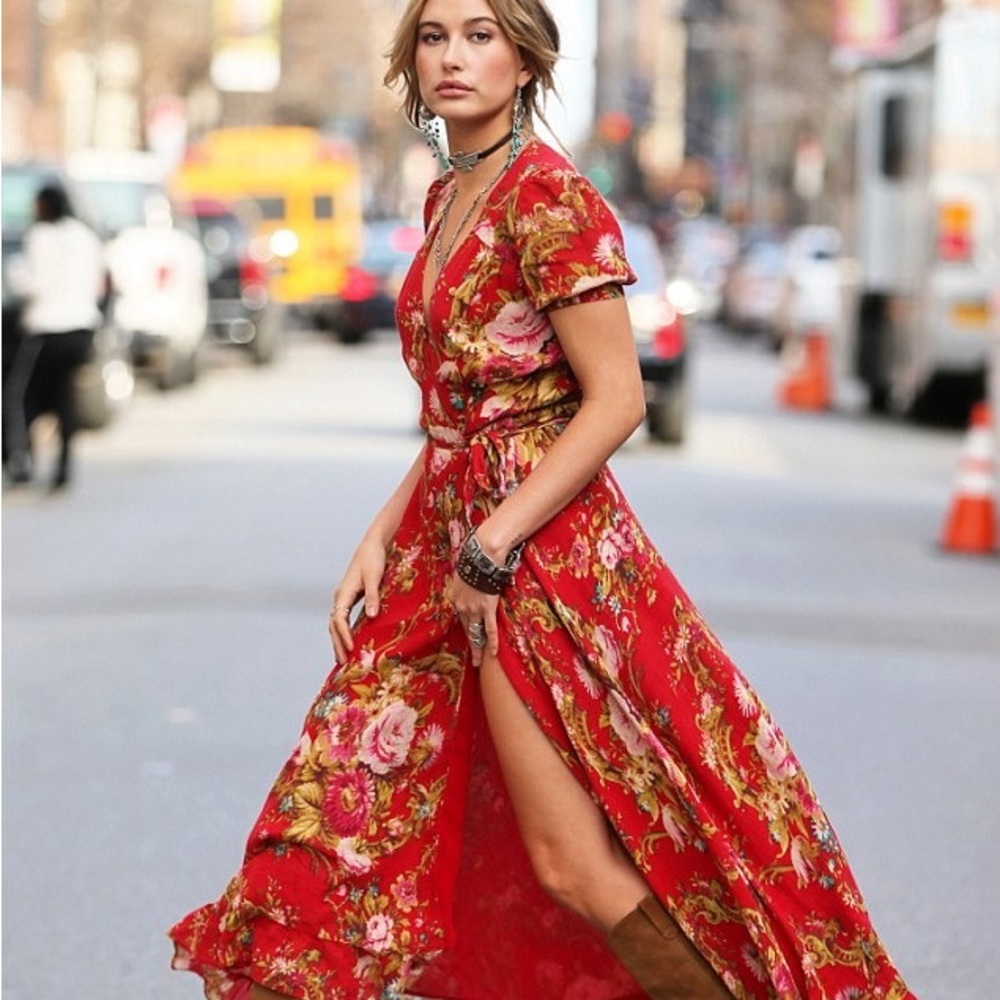 Ralph Lauren Denim Supply Hailey Bieber / Lola Kirk Red Floral Wrap Dress